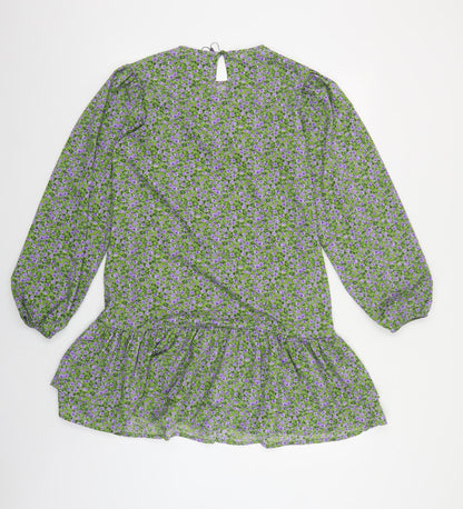 Boohoo Womens Green Floral Polyester A-Line Size 12 Round Neck Button