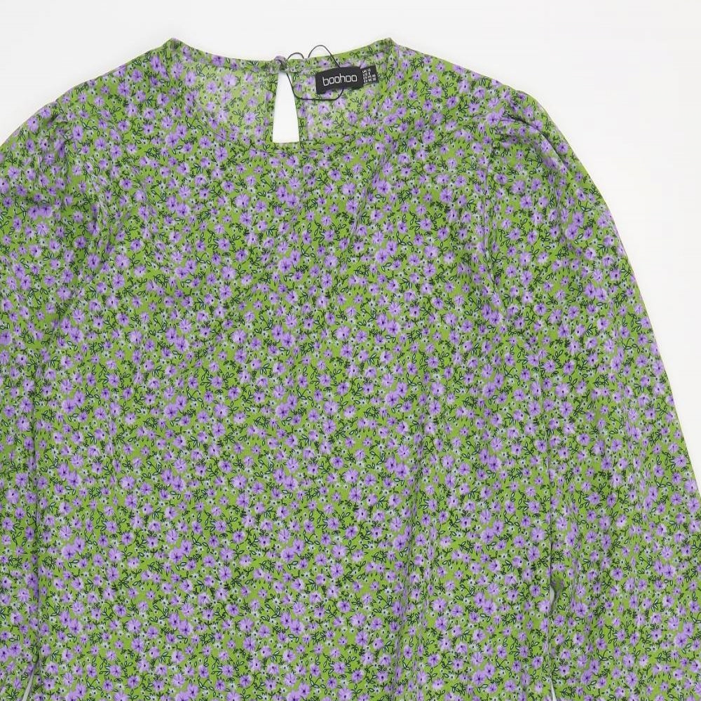 Boohoo Womens Green Floral Polyester A-Line Size 12 Round Neck Button