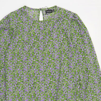Boohoo Womens Green Floral Polyester A-Line Size 12 Round Neck Button