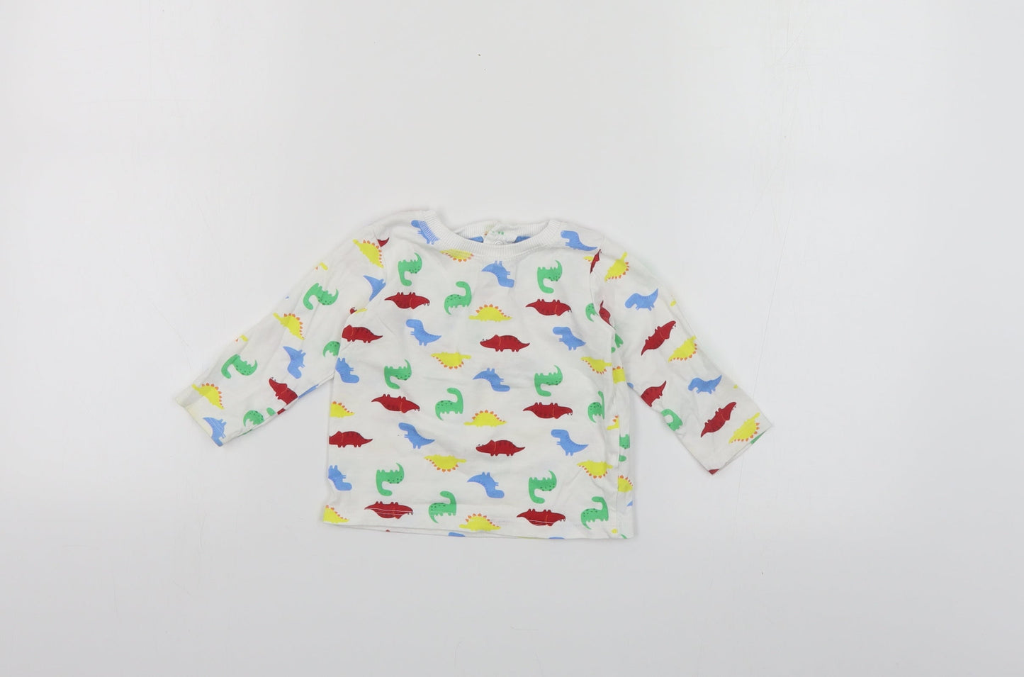 Dunnes Stores Baby White Geometric Cotton Pullover T-Shirt Size 6-9 Months Crew Neck Snap - Dinosaur Print