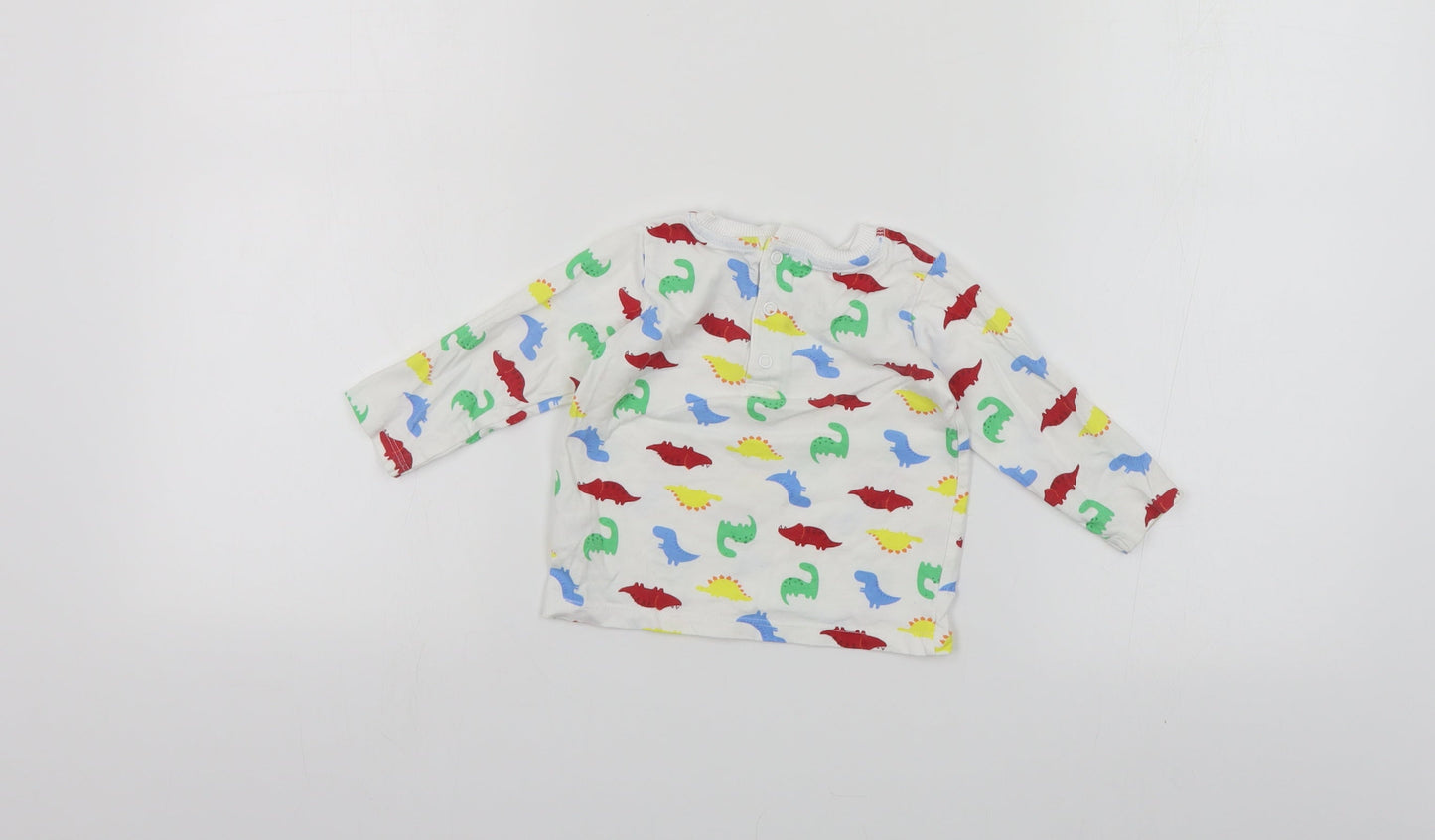 Dunnes Stores Baby White Geometric Cotton Pullover T-Shirt Size 6-9 Months Crew Neck Snap - Dinosaur Print