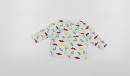 Dunnes Stores Baby White Geometric Cotton Pullover T-Shirt Size 6-9 Months Crew Neck Snap - Dinosaur Print