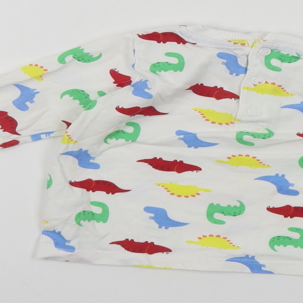 Dunnes Stores Baby White Geometric Cotton Pullover T-Shirt Size 6-9 Months Crew Neck Snap - Dinosaur Print