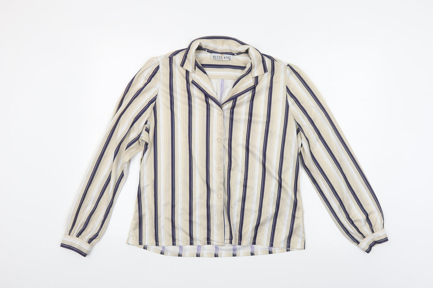 Butte Knit Womens Beige Striped Polyester Basic Button-Up Size 16 Collared