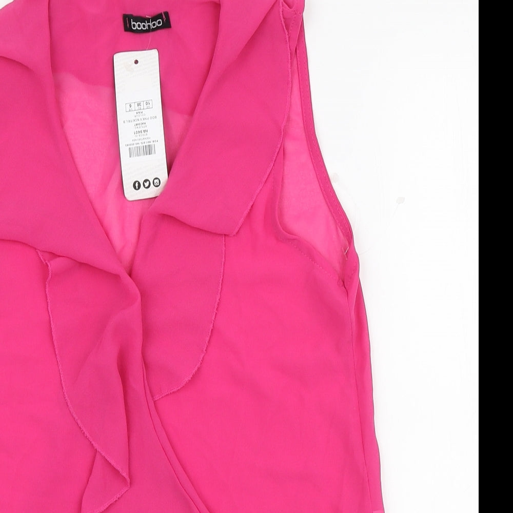 Boohoo Womens Pink Polyester Basic Blouse Size 10 V-Neck