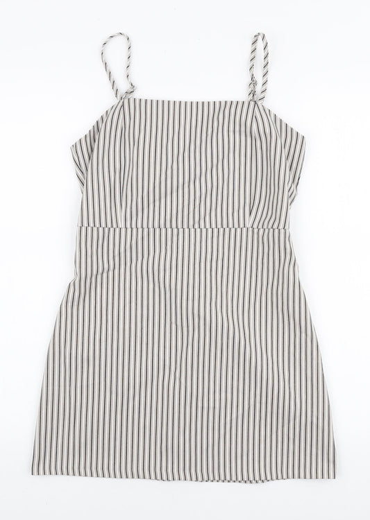 Pull&Bear Womens Ivory Striped Viscose Mini Size M Square Neck Zip
