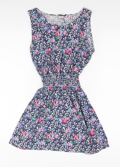 Topshop Womens Blue Floral Cotton Mini Size 8 Boat Neck Pullover