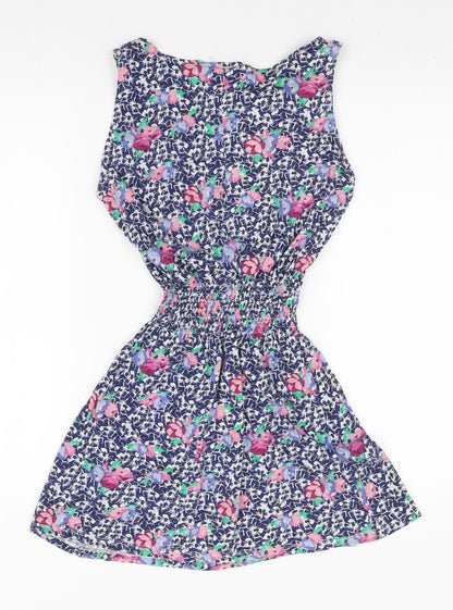 Topshop Womens Blue Floral Cotton Mini Size 8 Boat Neck Pullover