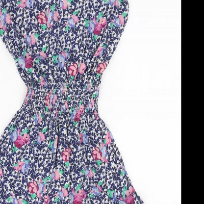Topshop Womens Blue Floral Cotton Mini Size 8 Boat Neck Pullover