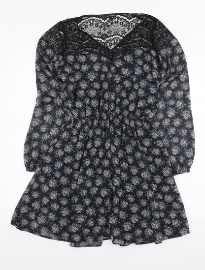 River Island Womens Blue Floral Polyester Mini Size 6 V-Neck Button - Lace Neckline