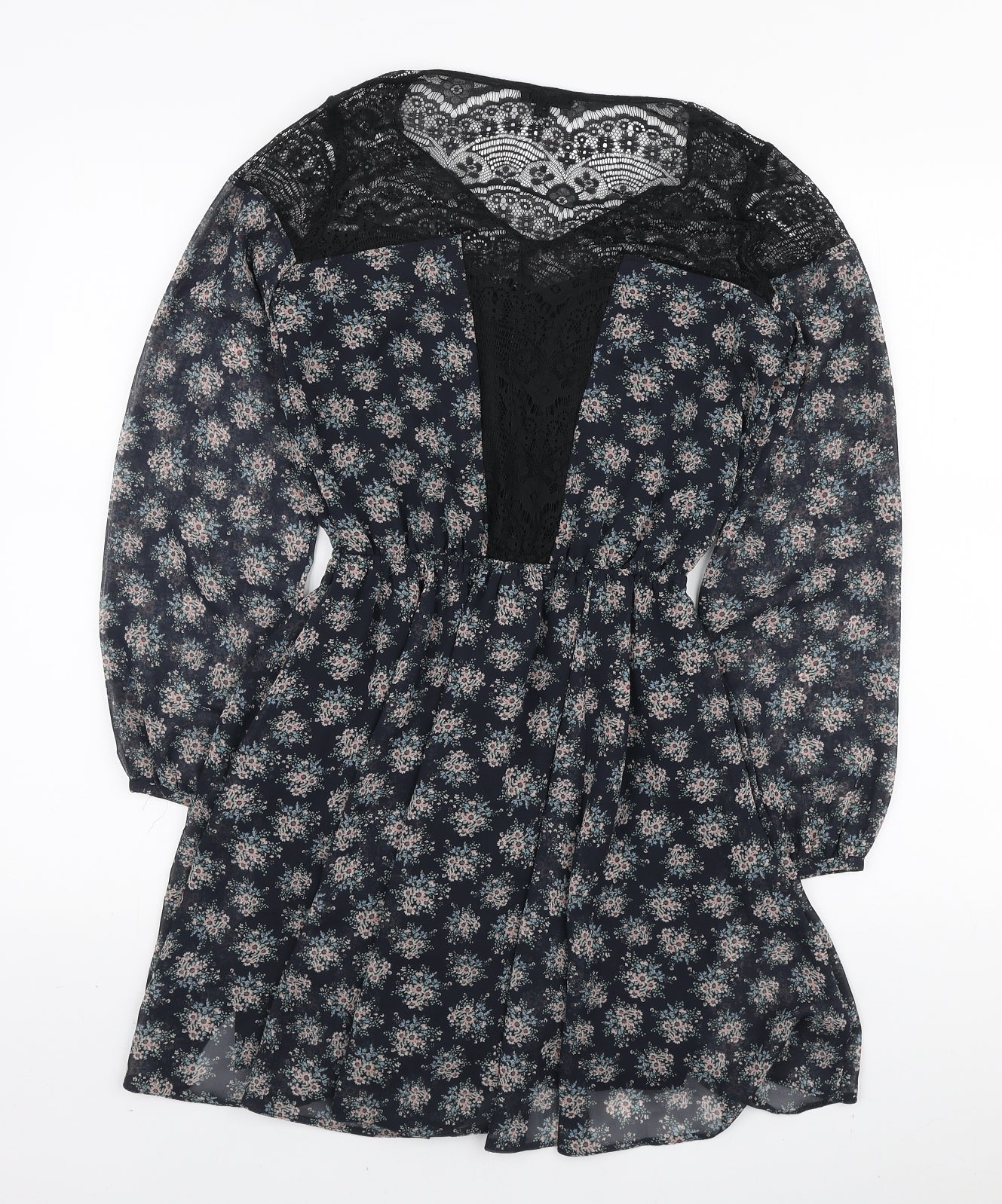 River Island Womens Blue Floral Polyester Mini Size 6 V-Neck Button - Lace Neckline
