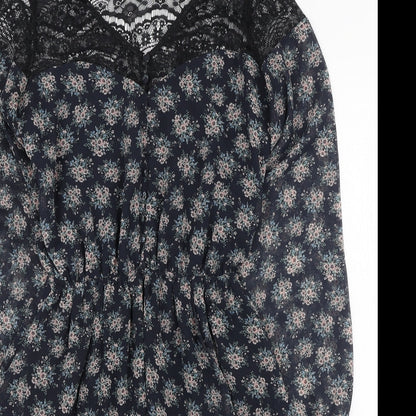 River Island Womens Blue Floral Polyester Mini Size 6 V-Neck Button - Lace Neckline
