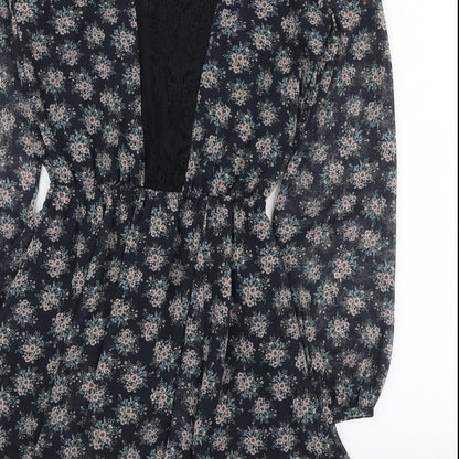 River Island Womens Blue Floral Polyester Mini Size 6 V-Neck Button - Lace Neckline