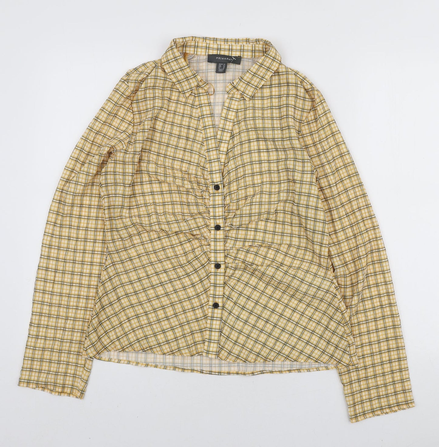 Primark Womens Yellow Plaid Polyester Basic Blouse Size L Collared - Ruched Front