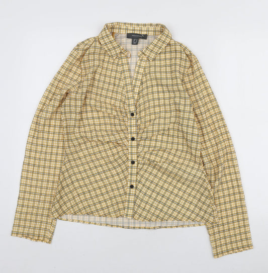 Primark Womens Yellow Plaid Polyester Basic Blouse Size L Collared - Ruched Front