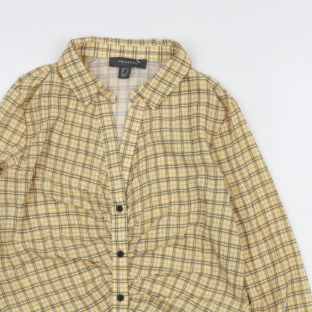 Primark Womens Yellow Plaid Polyester Basic Blouse Size L Collared - Ruched Front