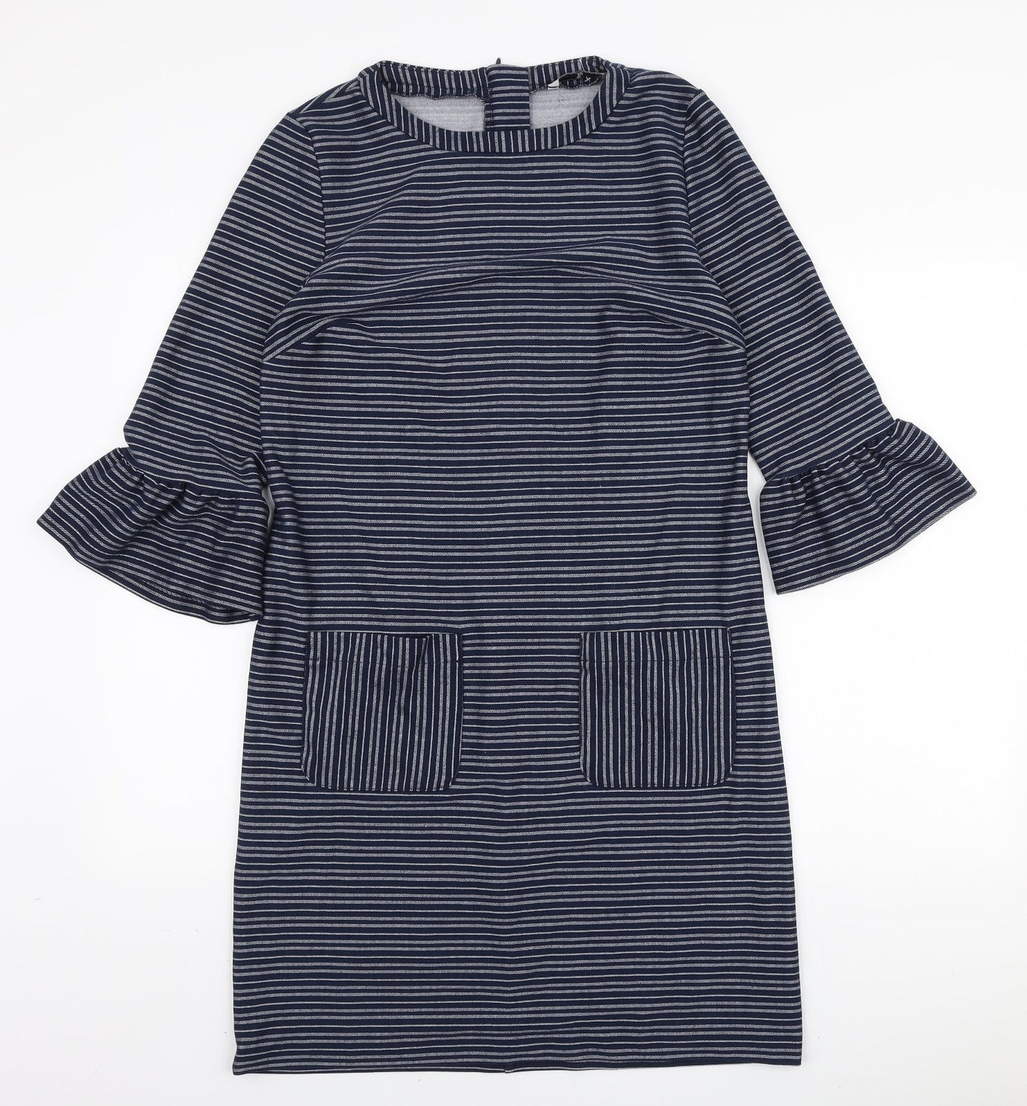 TU Womens Blue Striped Polyester A-Line Size 12 Round Neck Zip