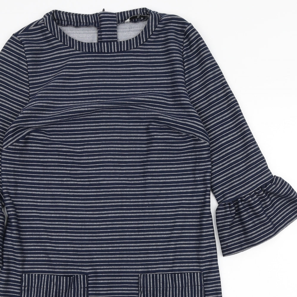 TU Womens Blue Striped Polyester A-Line Size 12 Round Neck Zip