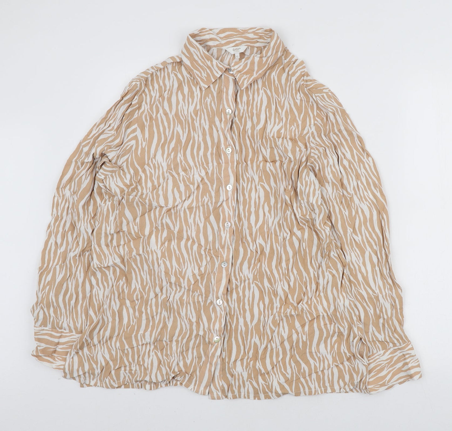 Cotton Traders Womens Beige Animal Print Viscose Basic Button-Up Size 12 Collared