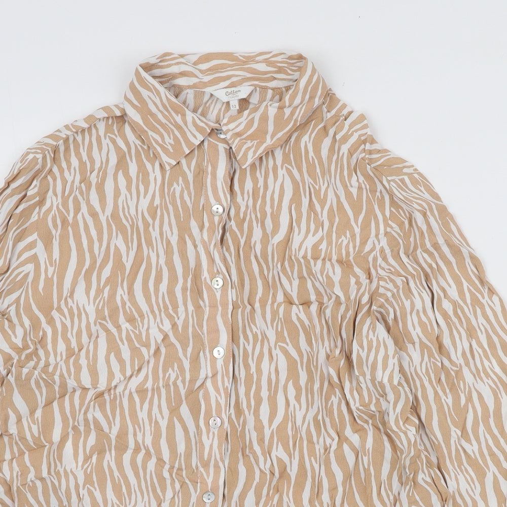Cotton Traders Womens Beige Animal Print Viscose Basic Button-Up Size 12 Collared