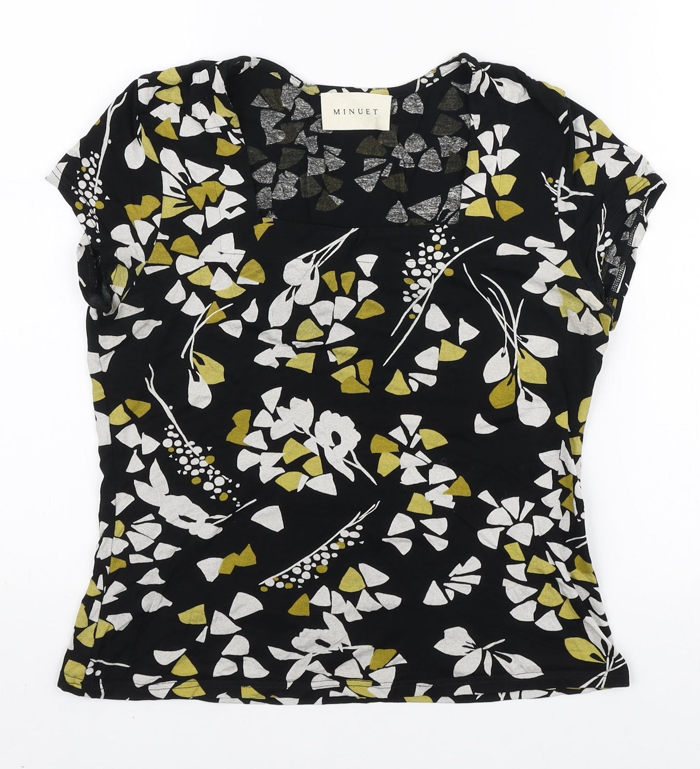 Minuet Womens Black Floral Polyester Basic T-Shirt Size 10 Square Neck