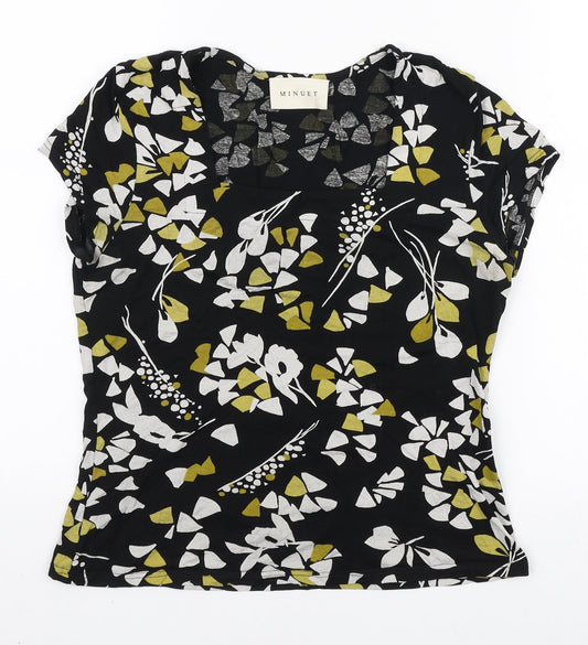 Minuet Womens Black Floral Polyester Basic T-Shirt Size 10 Square Neck