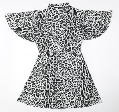Boohoo Womens Black Animal Print Polyester Fit & Flare Size 6 High Neck Zip - Petite
