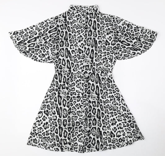 Boohoo Womens Black Animal Print Polyester Fit & Flare Size 6 High Neck Zip - Petite