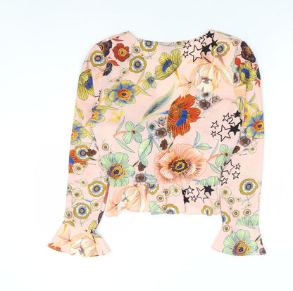 Topshop Womens Pink Floral Polyester Cropped Blouse Size 4 V-Neck - Flute Sleeve