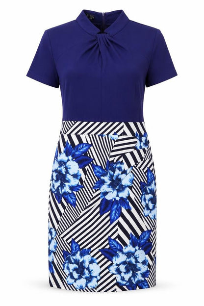 Homeyee Womens Blue Geometric Polyester A-Line Size 14 Mock Neck Zip - Knot Neck