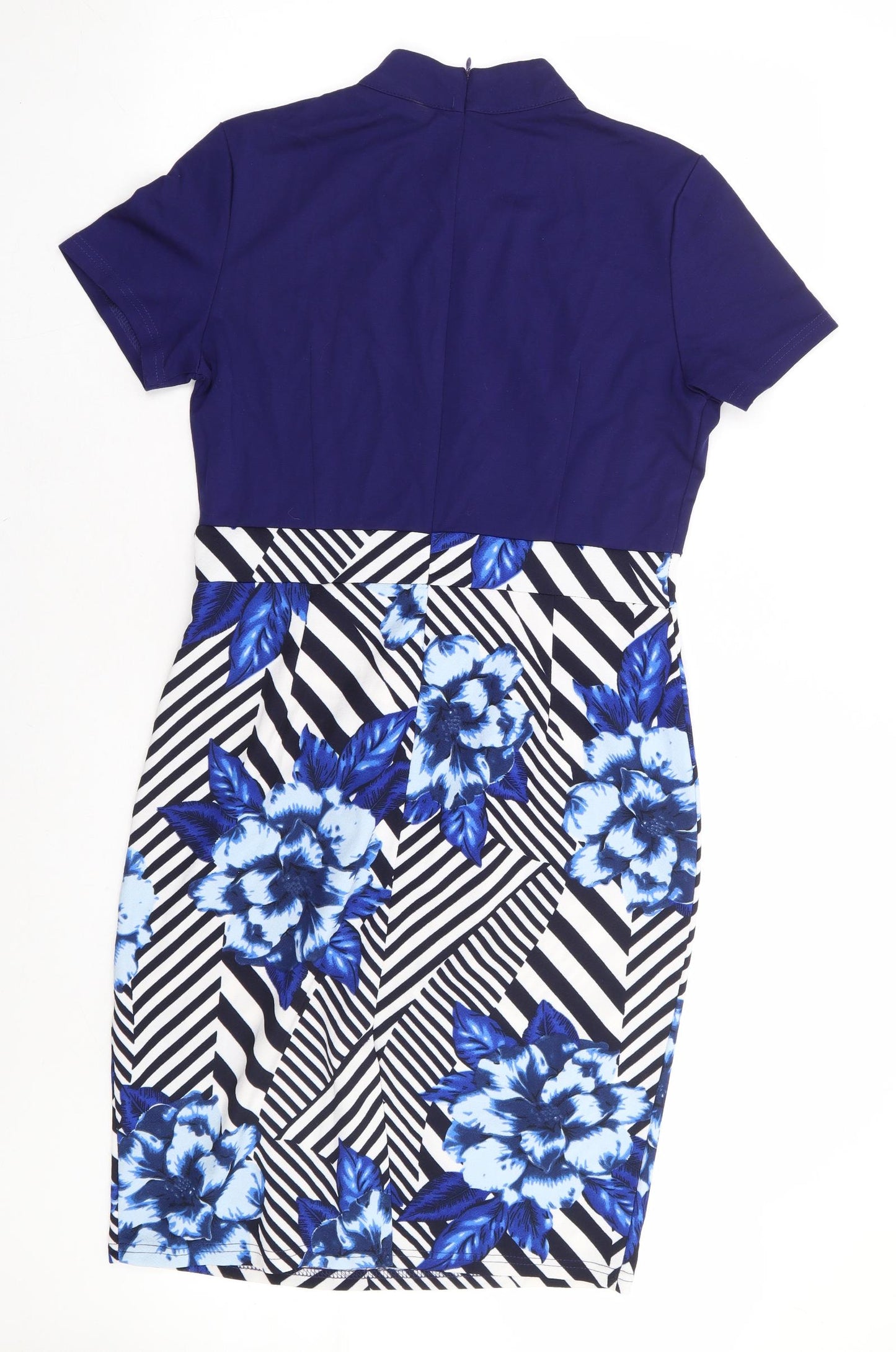 Homeyee Womens Blue Geometric Polyester A-Line Size 14 Mock Neck Zip - Knot Neck