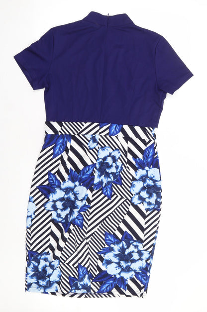 Homeyee Womens Blue Geometric Polyester A-Line Size 14 Mock Neck Zip - Knot Neck