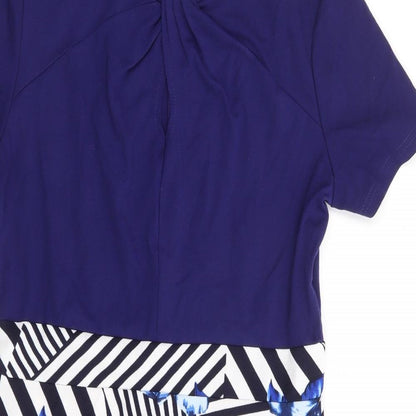 Homeyee Womens Blue Geometric Polyester A-Line Size 14 Mock Neck Zip - Knot Neck