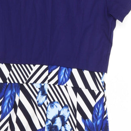 Homeyee Womens Blue Geometric Polyester A-Line Size 14 Mock Neck Zip - Knot Neck