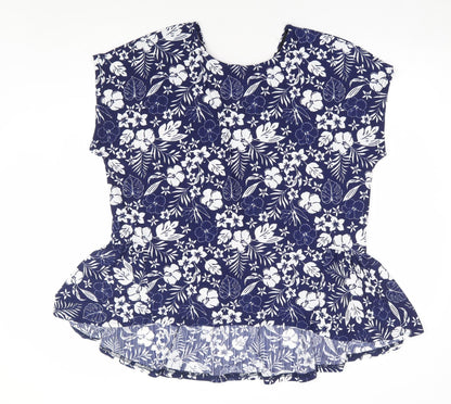 Blue Vanilla Womens Blue Floral Polyester Basic T-Shirt Size L Round Neck