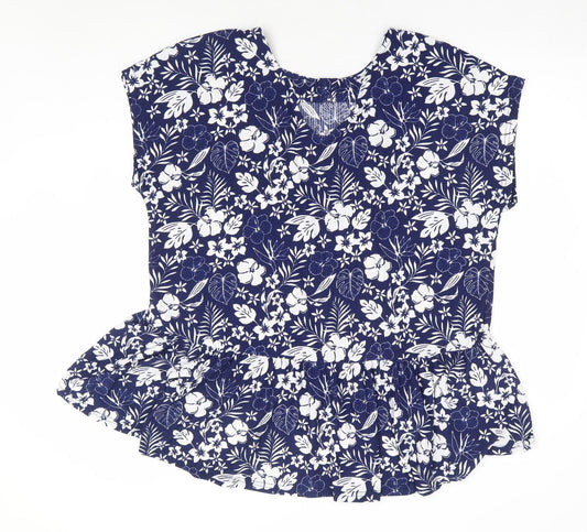 Blue Vanilla Womens Blue Floral Polyester Basic T-Shirt Size L Round Neck