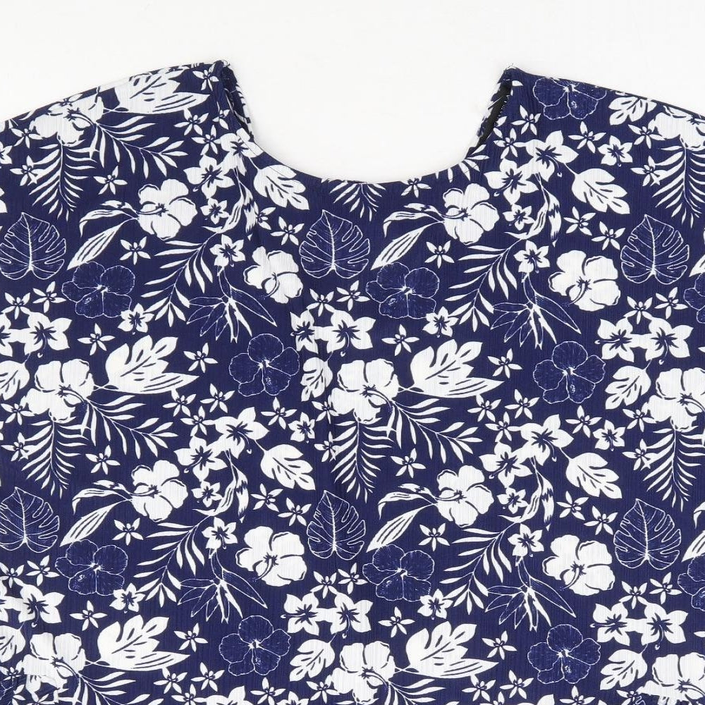 Blue Vanilla Womens Blue Floral Polyester Basic T-Shirt Size L Round Neck