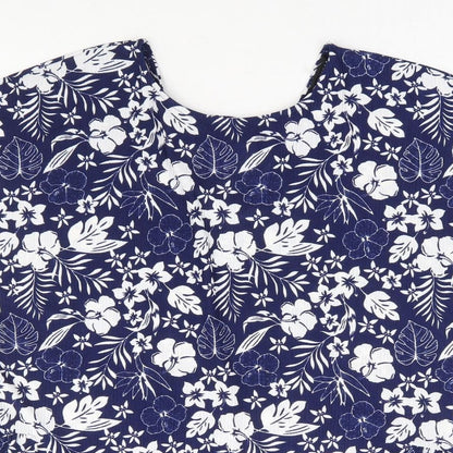 Blue Vanilla Womens Blue Floral Polyester Basic T-Shirt Size L Round Neck