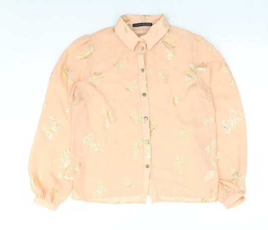 Primark Womens Pink Geometric Polyester Basic Button-Up Size 10 Collared - Butterfly