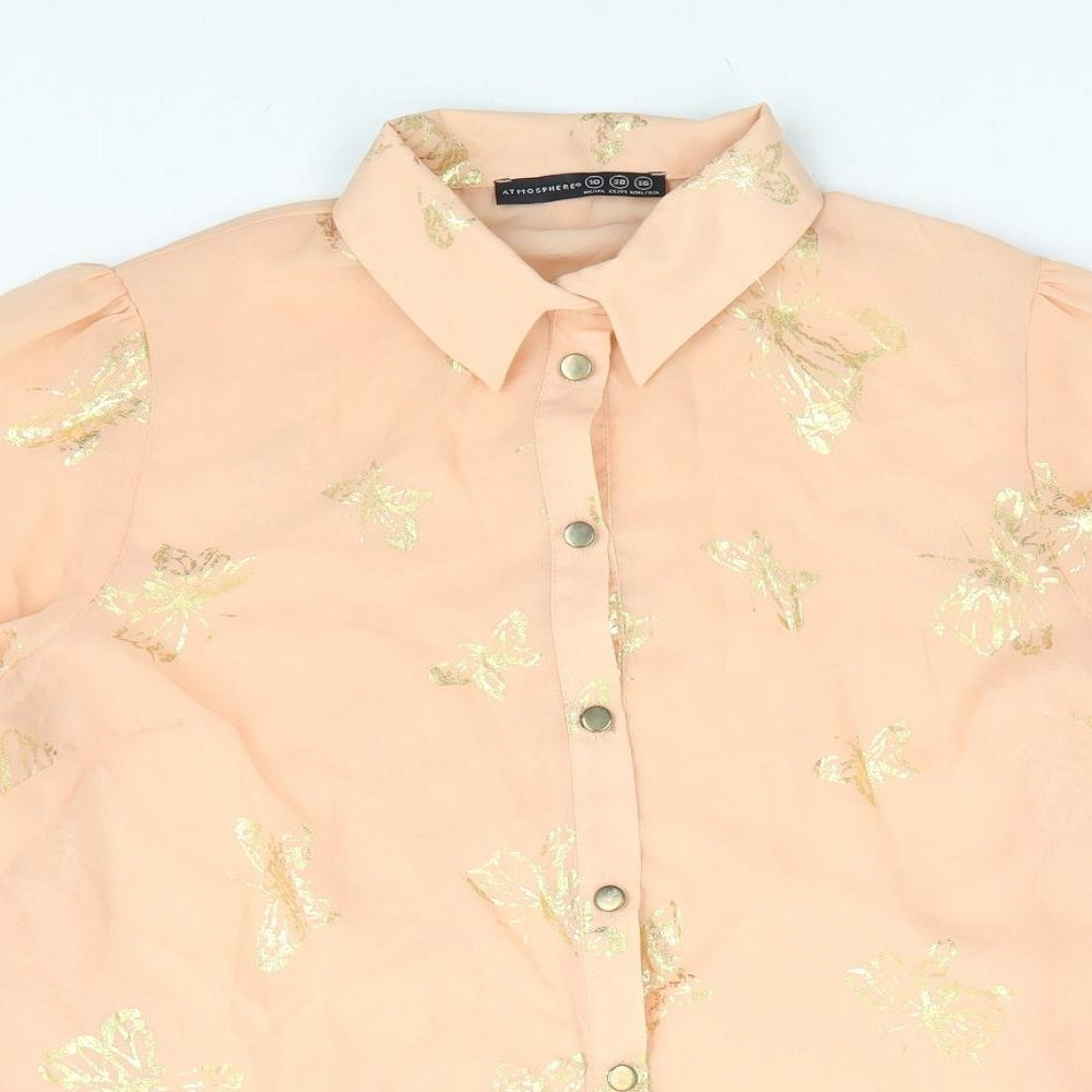 Primark Womens Pink Geometric Polyester Basic Button-Up Size 10 Collared - Butterfly