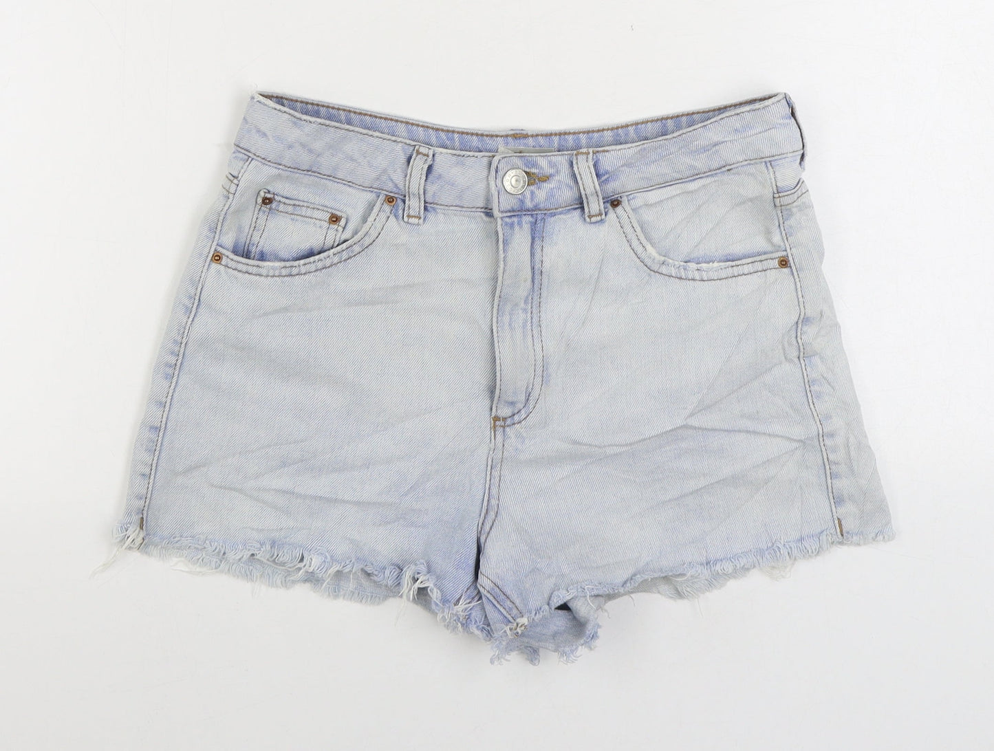 Topshop Womens Blue Cotton Hot Pants Shorts Size 8 Regular Zip