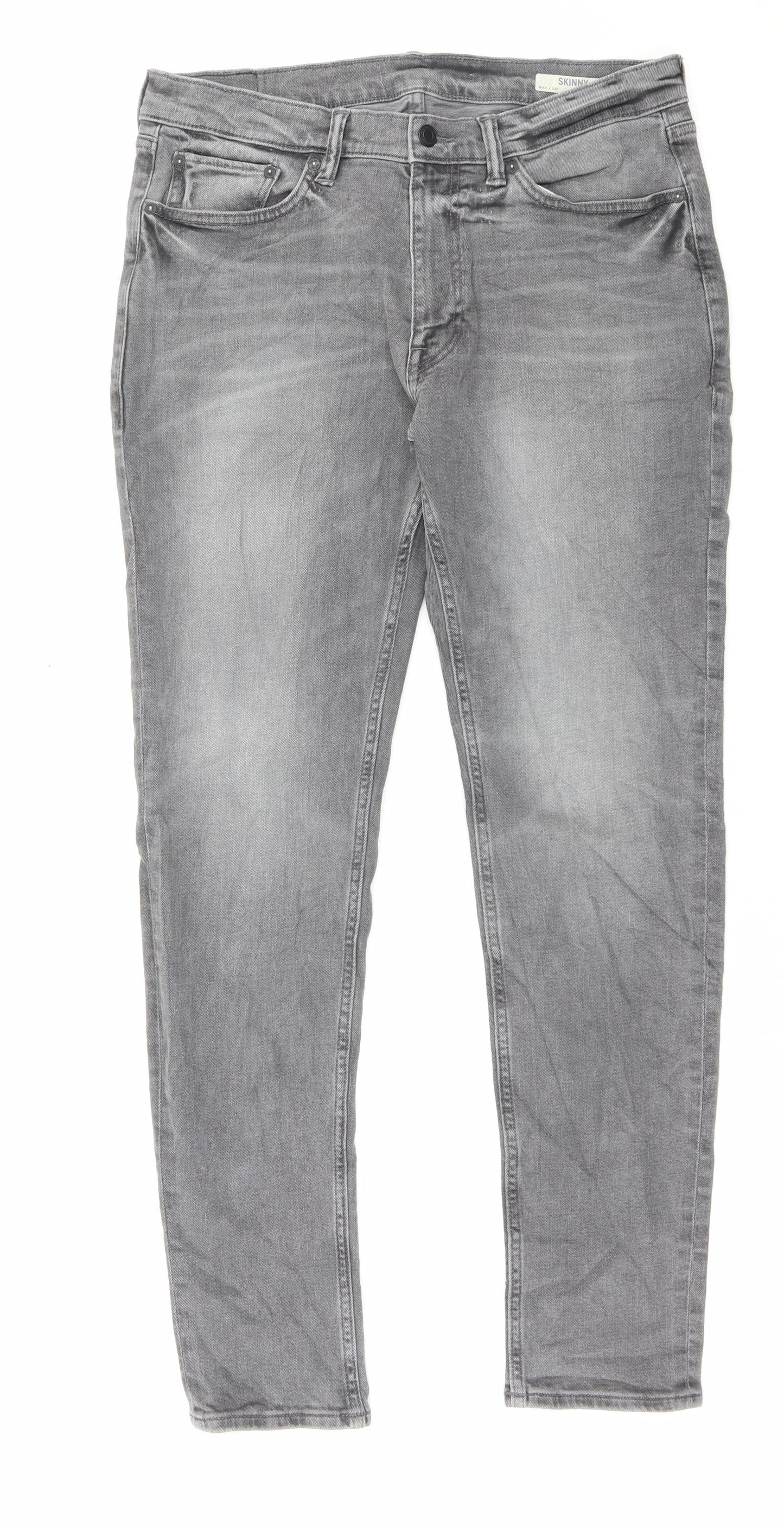 Marks and Spencer Mens Grey Cotton Skinny Jeans Size 34 in L31 in Regular Button