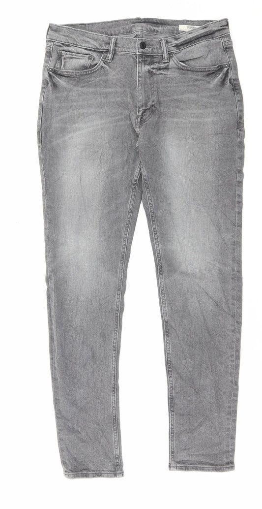 Marks and Spencer Mens Grey Cotton Skinny Jeans Size 34 in L31 in Regular Button