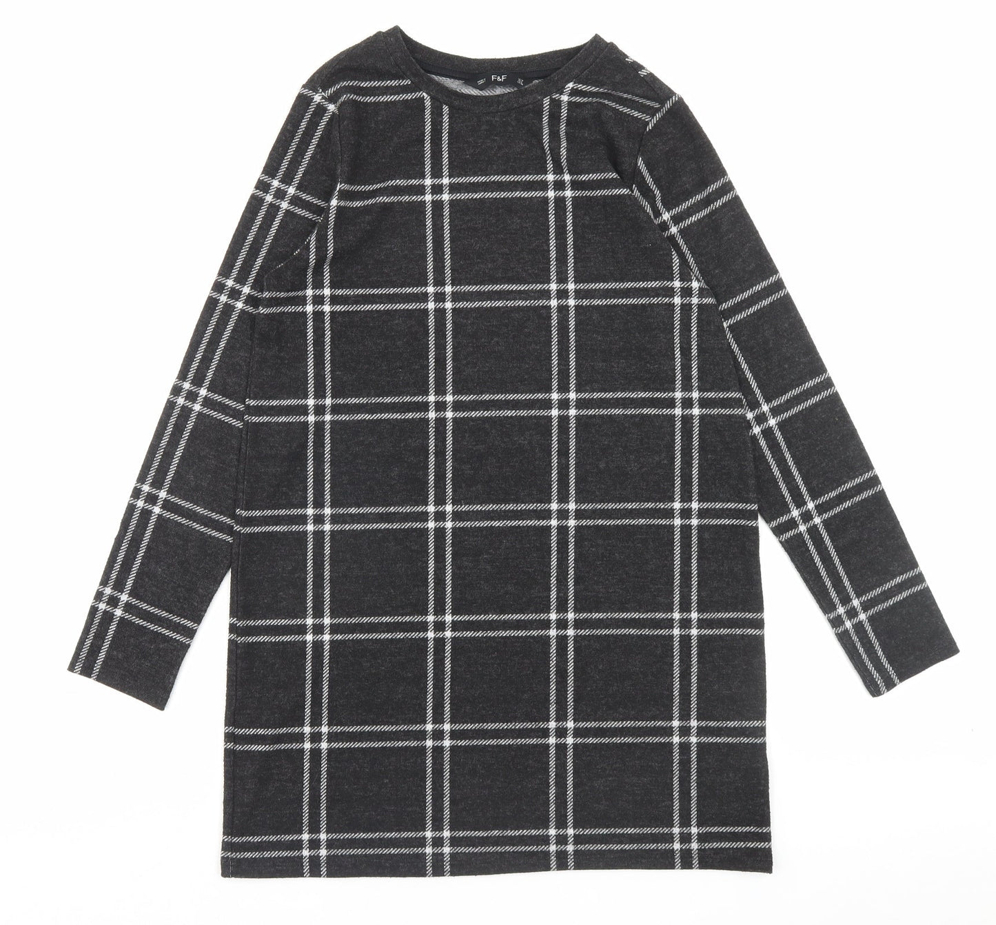 F&F Womens Grey Plaid Polyester A-Line Size 10 Crew Neck Pullover