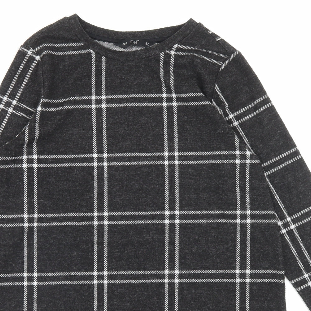 F&F Womens Grey Plaid Polyester A-Line Size 10 Crew Neck Pullover