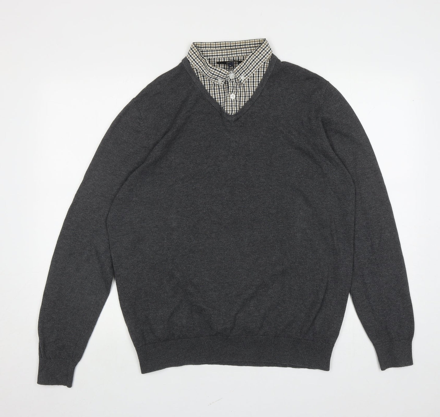 George Mens Grey Collared Cotton Henley Jumper Size L
