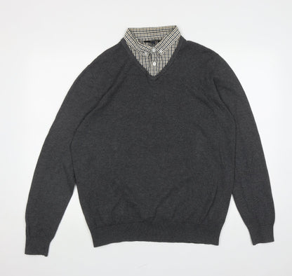 George Mens Grey Collared Cotton Henley Jumper Size L