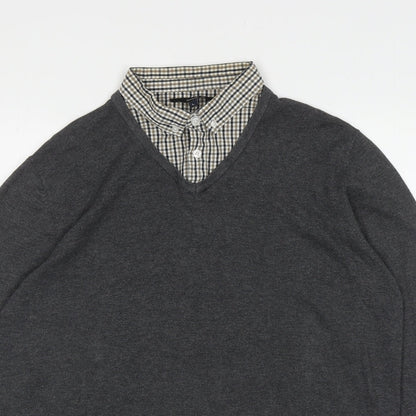 George Mens Grey Collared Cotton Henley Jumper Size L