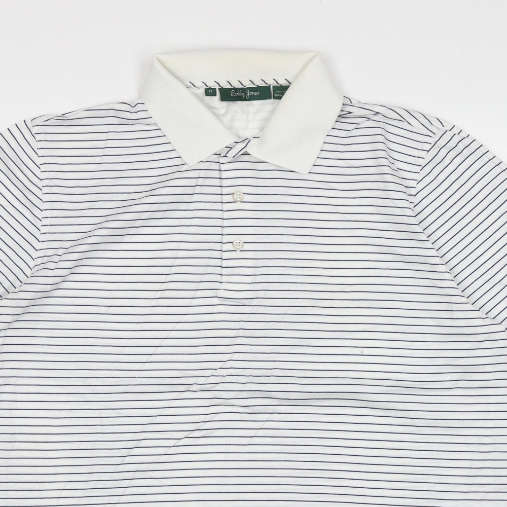 Bobby Jones Mens White Striped Polyester Polo Size M Collared Pullover
