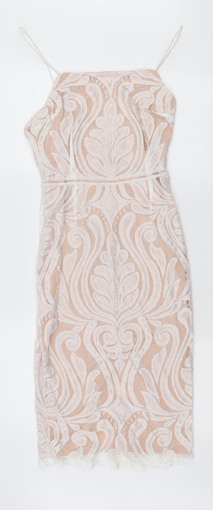 Peace and Love Womens White Floral Polyester Bodycon Size 10 Square Neck Zip
